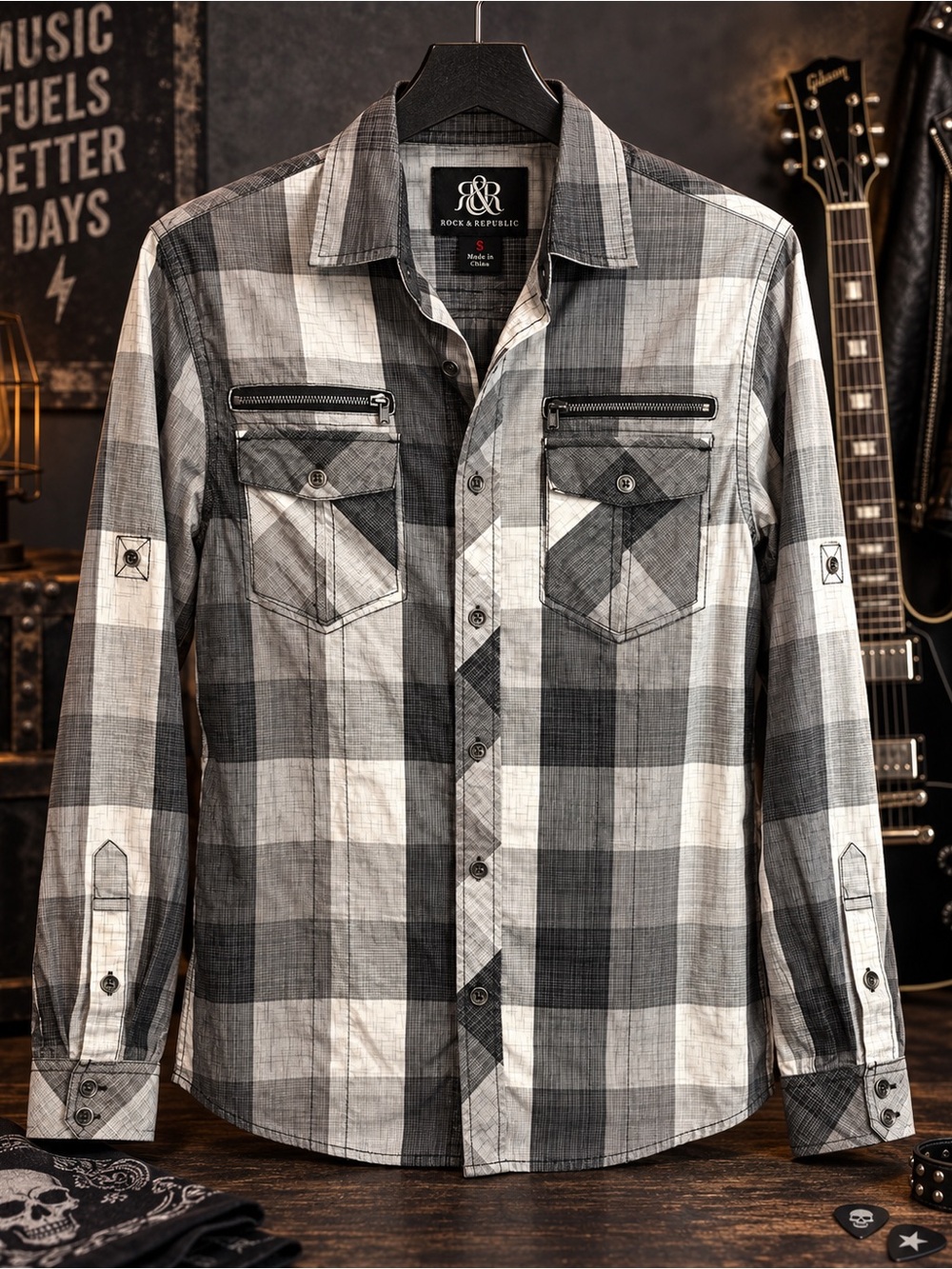 Rock & Republic Black and Gray Plaid Button-Down Shirt